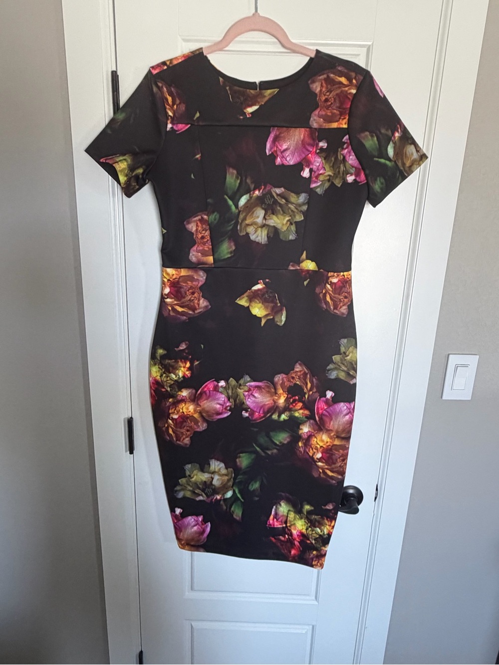 Alexia Admor Black Sheath Dress with Pink, Green & Gold Floral Print